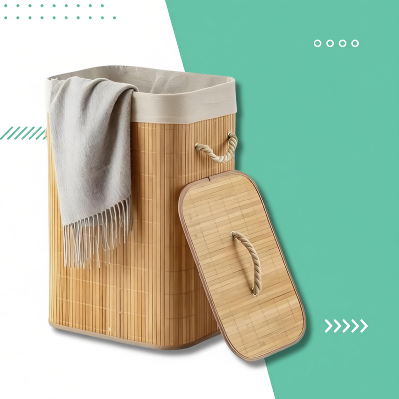 Cesto De Roupa Suja Bambu 60/72 Litros Lavanderia Com Tampa e Alças Forrado Grande Organizador Banheiro